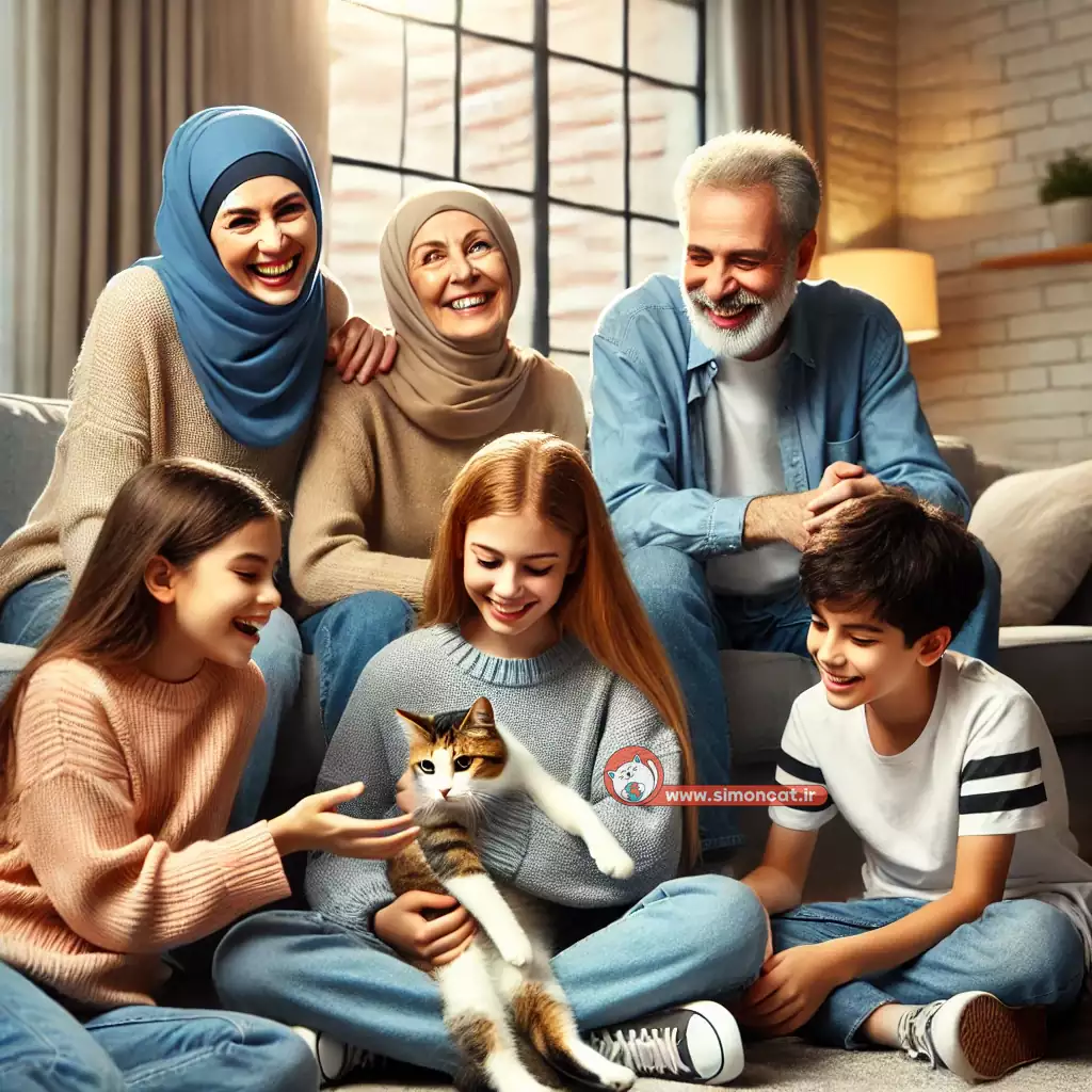 یک خانواده جذاب و خوشحال در کنار گربه
