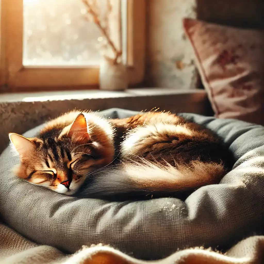 خوابیدن گربه در جای خواب
