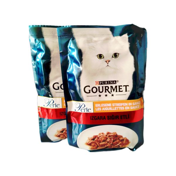 پوچ گربه گورمت با طعم گوشت گاو در سس وزن 85 گرم