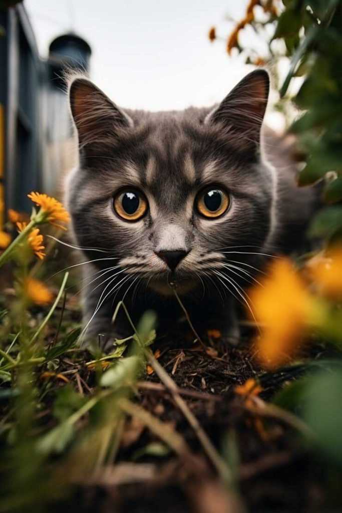 گربه خاکستری در باغچه