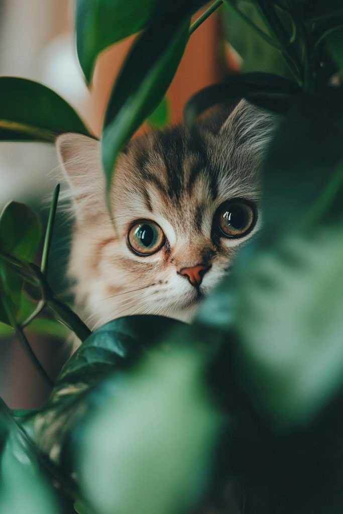 گربه پشت برگ ها