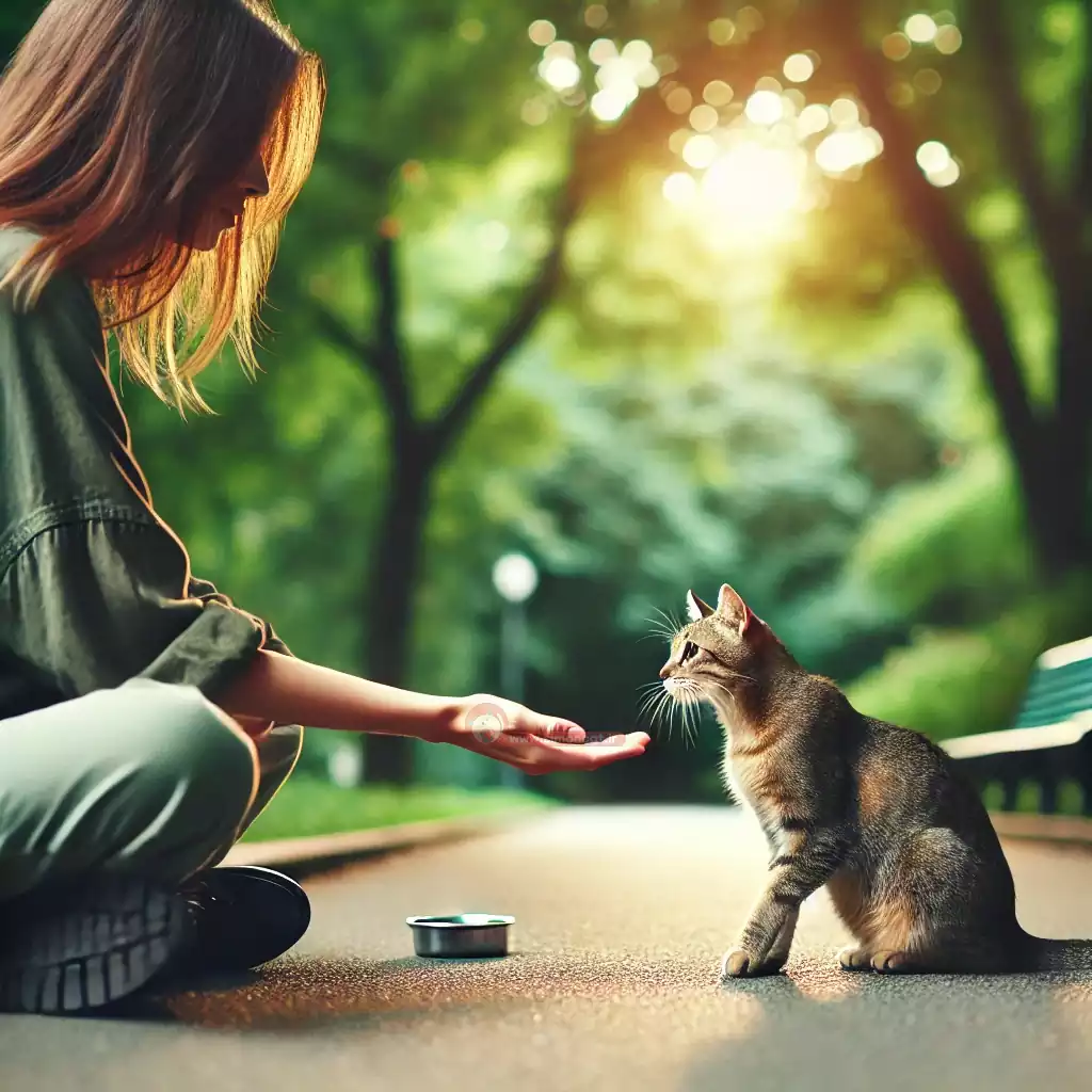غذا دادن به گربه خیابانی
