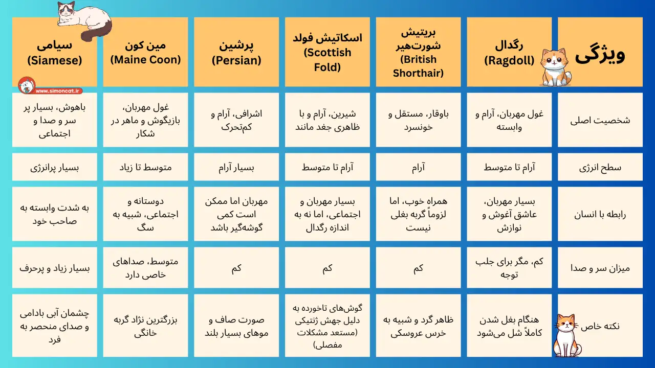 جدول مقایسه انواع نژاد گربه