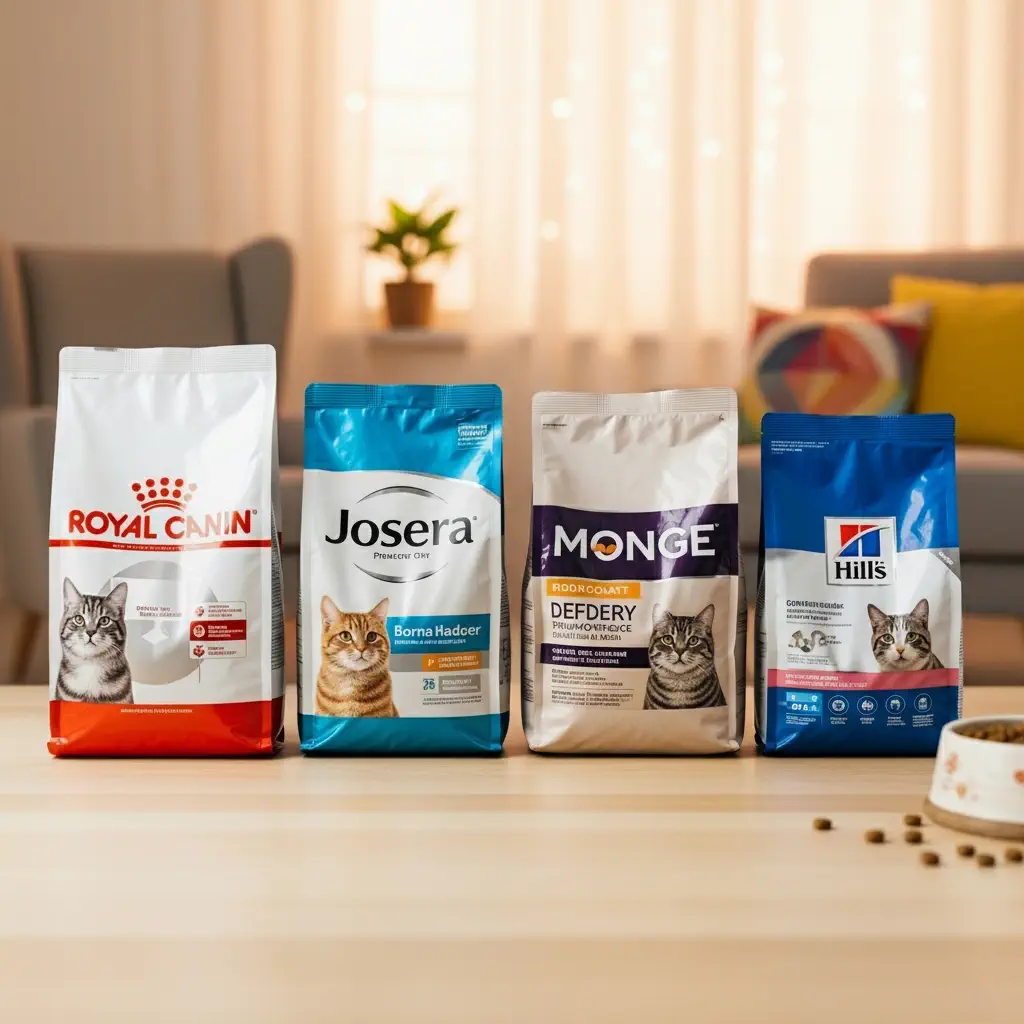 عکس غذا خشک گربه برند های Royal Canin، Josera، Monge و Hill’s در کنار هم