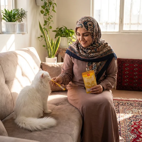 گربه پرشین در حال خوردن بستنی گربه ونپی با طعم تن و گوش‌ماهی