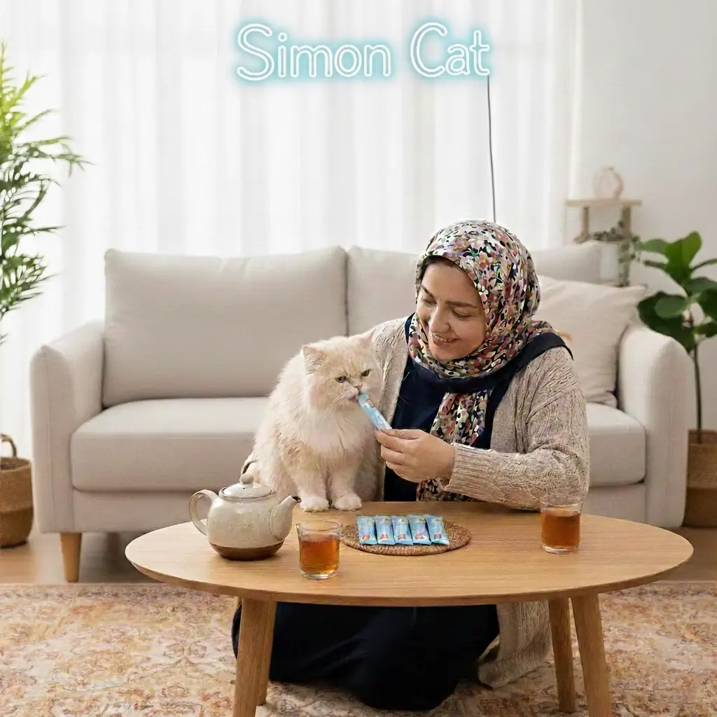 گربه کنار صاحب خودش در حال خوردن بستنی